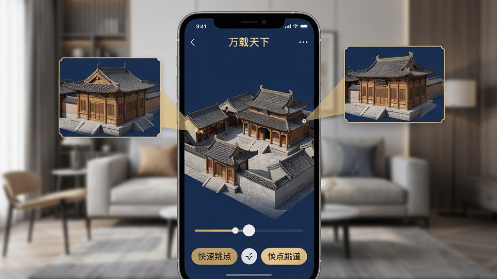 一张展示《万载天下》App内数字孪生古城功能的截图风格概念图,主体是手机屏幕内的三维古城模型,布局清晰,界面上有放大的建筑细节标注框,屏幕下方是平滑的视角控制滑杆和地点快速跳转按钮,背景为模糊的现代客厅环境,风格为科技感与古风结合,UI设计简洁现代,色彩以深蓝与暖金为主,细节展现出建筑木构件的精美,画质清晰干净,无多余元素。