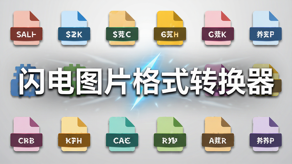 主体:一幅横向展开的图片格式图标墙,中央放大显示“闪电图片格式转换器”字样。布局:图标墙分成三排,每排约六个图标,每个图标下方标注格式名称。排版:图标大小均匀,色彩各异,背景为浅灰色渐变。风格:扁平化设计,清晰直观,适合软件宣传图。细节:每个图标边缘有轻微阴影,中央软件名称使用白色粗体并带闪电光效。画质:干净,高分辨率,无多余元素。