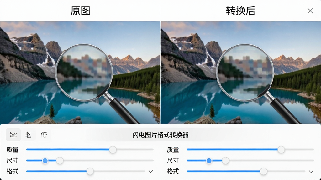 主体:两张相同风景图片并排对比,左图标注“原图”,右图标注“转换后”,下方显示“闪电图片格式转换器”参数面板。布局:左右分栏,图片占主体,底部为参数滑块。排版:对比效果直观,参数面板有“质量”“尺寸”“格式”选项。风格:科技极简风,背景为纯白。细节:放大镜悬停在图片中央展示像素细节,参数滑块为蓝色高亮。画质:极致清晰,干净无杂物。