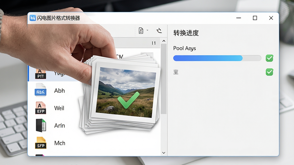 主体:操作者将一叠图片文件拖入“闪电图片格式转换器”批量处理窗口。布局:左侧为文件列表,右侧为转换进度条和完成勾选标记。排版:窗口占画面百分之七十,操作者手部仅在角落出现。风格:写实与界面结合,光线柔和。细节:文件列表显示不同格式图标,进度条呈现蓝色渐变,完成图片打上绿色勾。画质:干净无杂质,细节丰富。