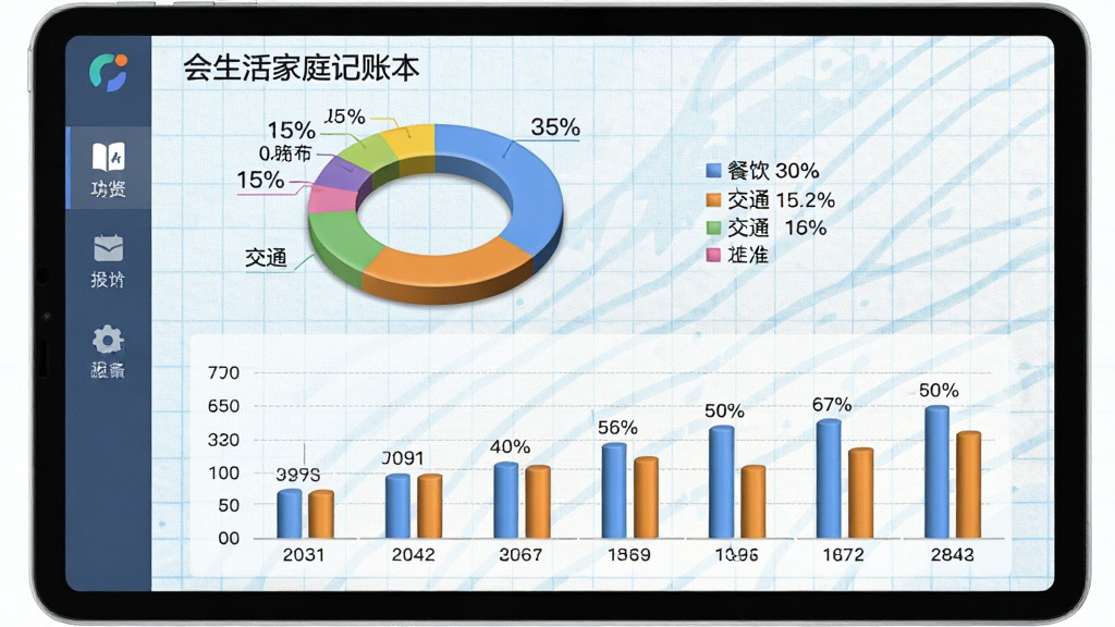 主体为“会生活家庭记账本”的统计报表界面,上半部分为彩色环形图,图例标注“餐饮 30%”、“交通 15%”等,下半部分为逐月柱状对比图。布局为平板横屏展示,左侧功能栏,右侧主内容区。排版清晰,图表立体,风格商务简约,背景为淡蓝色网格纸纹理。细节突出数据标签与百分比,画质干净,无多余元素。