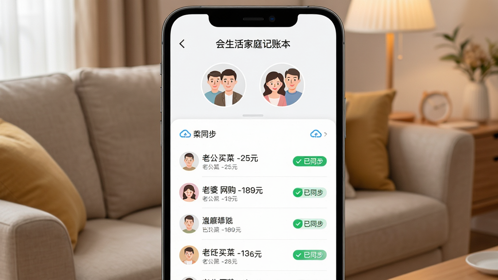 主体为“会生活家庭记账本”的多人协作界面,画面中两对夫妻头像在顶部环形排列,下方是实时滚动的记账动态流,显示“老公 买菜 -25元”、“老婆 网购 -189元”等条目。布局为手机竖屏,背景为温馨家庭客厅沙发一角。风格写实,界面简洁,细节体现云端同步图标与绿色“已同步”标识,画质干净,无多余元素。