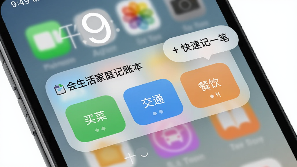 主体为“会生活家庭记账本”在手机桌面上的快捷记账组件,组件上有“买菜”、“交通”、“餐饮”三个快捷按钮。布局为手机桌面截图,背景为简洁壁纸,时间为上午9点。风格清新,组件半透明,细节有“+快速记一笔”悬浮按钮,画质干净无多余元素。