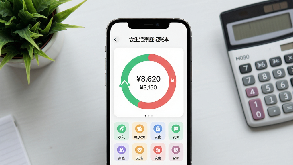 画面主体为“会生活家庭记账本”软件在手机上的主界面,屏幕中央显示圆形家庭收支统计图,绿色收入箭头与红色支出箭头清晰分流,下方为分类图标网格。布局为手机居中竖屏,背景为浅灰色实景桌面,桌面有绿植与计算器。排版采用应用截图式,UI扁平化设计,圆角卡片,色彩清新。风格现代简约,明亮通透,细节包含金额数字“8,620”与“3,150”,画质高清,干净无多余元素。