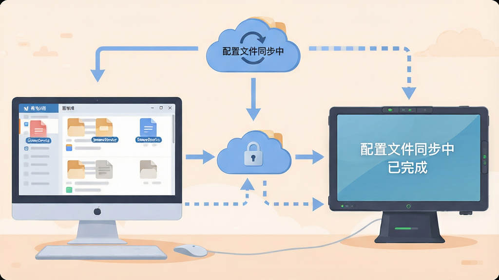 主体:两台电脑与一台希沃平板通过云服务器连接,屏幕显示“配置文件同步中”与“已完成”字样。布局:左侧为教师电脑配置文件列表,右侧为希沃平板,中间云端图标。排版:流程导向,箭头指示数据流向。风格:扁平化插画风,配色柔和。细节:文件图标带有“SeewoService”小标签,云端有锁形安全标识。画质:高清,干净无多余元素。