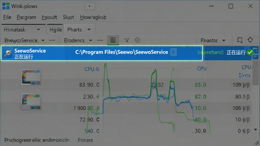 主体:Windows系统任务管理器界面,高亮显示“SeewoService”进程,状态为“正在运行”。布局:界面居中,上方为菜单栏,下方列表展示CPU与内存占用曲线。排版:信息层级清晰,突出服务名称与运行状态。风格:简洁数字风,界面清晰。细节:进程路径显示“C:\Program Files\Seewo\SeewoService”,旁边有绿色对勾图标。画质:高清,干净无多余元素。