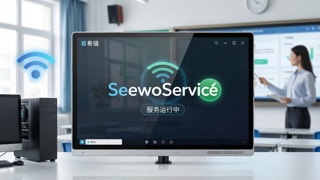 主体:一台运行中的希沃交互智能平板,屏幕显示“SeewoService”字样与连接成功图标,背景为现代多媒体教室。布局:平板居中,左侧有电脑主机与网络信号图标,右侧为教师使用场景。排版:干净整洁,突出软件名称与无线连接元素。风格:写实科技风,明亮清晰。细节:屏幕反光自然,软件界面呈现“服务运行中”状态,网络图标亮起。画质:8K超清,干净无多余元素。