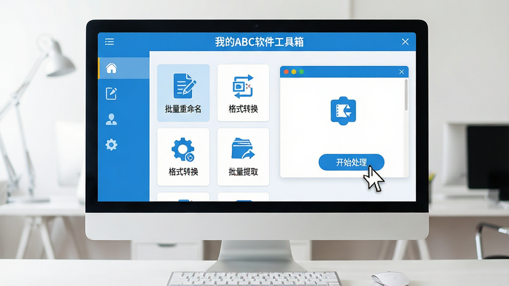 ���壺һ̨�ִ����İ칫������Ļǰ����ʾ���ҵ�ABC���������䡱�Ĳ������棬�������ж������ͼ�ꡣ���֣���๦���б����Ҳ�Ԥ�����ڣ�������й�ͼ���Ű棺�����Ĺ��ܷ�����ͼ�������ֱ�ǩ��ϡ���񣺱�ƽ����ƣ�ɫ�����죬����ɫ�Ͱ�ɫΪ��ɫ����ϸ�ڣ�������չʾ��������������������ʽת��������������ȡ����ģ�飬���ָ����ͣ�ڡ���ʼ��������ť�ϡ����ʣ����壬�ɾ����޶���Ԫ�ء�