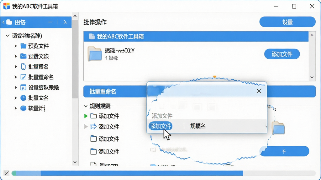 ���壺һ�ŵ��Խ�ͼ��չʾ���ҵ�ABC���������䡱�Ĳ��������棬�û��������á����������������򡣲��֣���๦�������Ҳ������壬�ײ��н��������Ű棺�Ϸ��ļ���Ԥ���б����·�����ѡ���񣺼��������������ɫ��Բ�ǰ�ť��ϸ�ڣ�������������ļ�����ť�������ļ�ѡ��򡣻��ʣ��������ȣ��޶���Ԫ�ء�