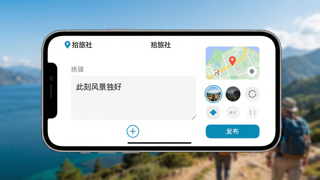主体:一部智能手机横屏展示拾旅社APP的动态发布页面,屏幕上出现编辑框、滤镜选择和“发布”按钮;布局:手机位于画面中央,背景为模糊处理的旅行风景照;排版:界面设计简洁,编辑框内有示例文字“此刻风景独好”,底部有加号图标;风格:明亮清新,iOS风格界面;细节:屏幕上有小地图缩略图和定位图标,文案“拾旅社”出现在屏幕顶部;画质:高清晰度,干净,无多余元素。