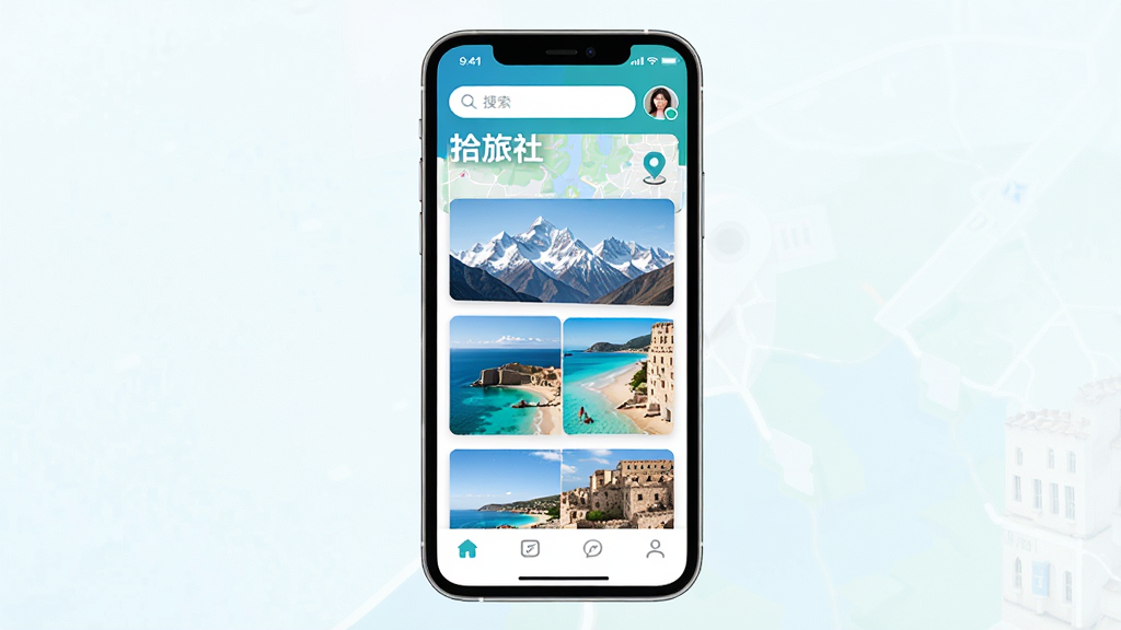 主体:手机屏幕展示拾旅社APP界面,主界面为简洁的旅行瀑布流,配有地图定位和用户头像;布局:手机居中,屏幕内显示“拾旅社”字样及若干旅行照片卡片;排版:UI界面排版清晰,卡片式布局,上方有搜索栏,下方有导航标签;风格:现代扁平化设计风格,色彩明快以蓝绿为主色调;细节:界面图标精致,图片内容为世界各地风景,如雪山、海滩、古城;画质:高清渲染,干净,无多余元素。
