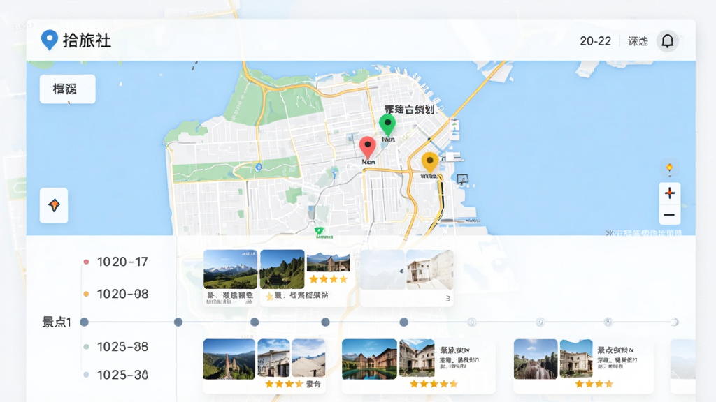 主体:拾旅社APP行程规划界面,包含地图、日期列表和景点卡片;布局:地图占上半部分,下方为时间轴样式的日程安排;排版:整体采用左右分栏设计,左侧日期,右侧具体行程;风格:简洁商务风,线条清晰;细节:地图上有彩色标记点,景点卡片有缩略图和评分;画质:高分辨率,干净,无多余元素。