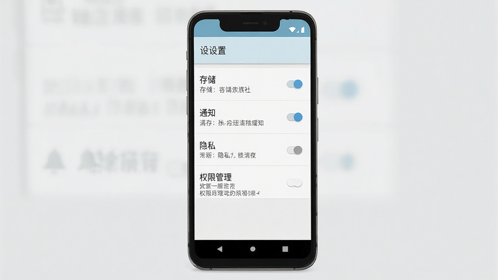 主体:一张手机截图显示拾旅社应用设置页面,包含“清除缓存”和“权限管理”选项;布局:手机屏幕居中,背景为浅灰色;排版:设置列表排列整齐,每条项目右侧有开关或说明;风格:简洁清爽,原生安卓风格;细节:屏幕顶部有“设置”标题,下方列表有“存储”、“通知”、“隐私”等条目;画质:高清晰度,干净,无多余元素。