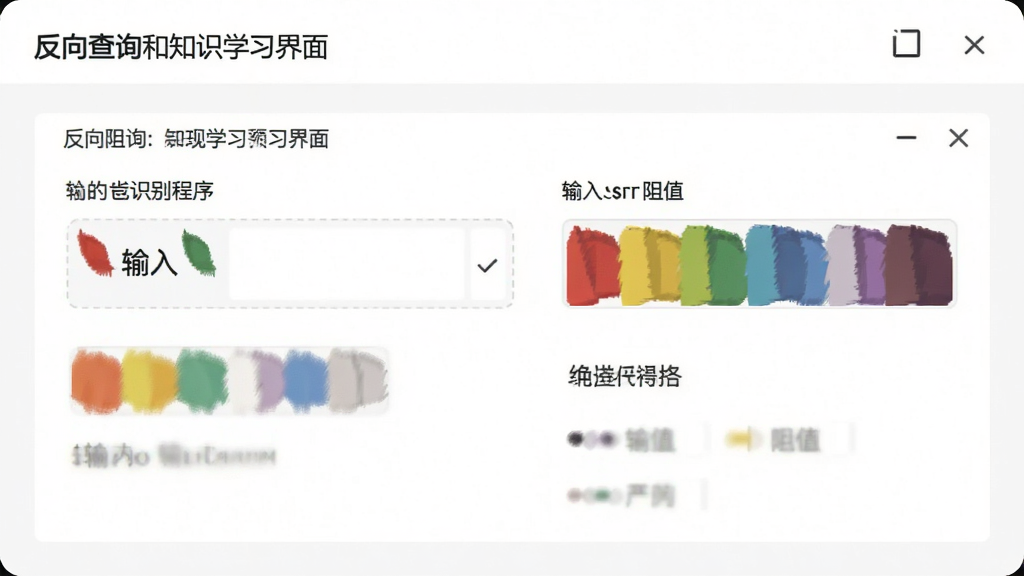 色环电阻识别程序的反向查询和知识学习界面预览,展示输入阻值后显示色环颜色的效果,布局合理,风格简约,细节丰富,画质清晰,干净无杂质