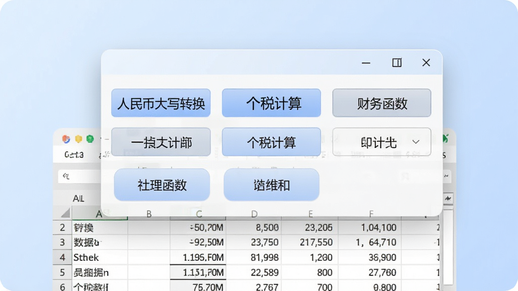 展示Excel必备工具箱中的财务工具面板,画面主体为一个悬浮窗口,上面列有“人民币大写转换”“个税计算”“财务函数”等带汉字的按钮,窗口下方则为一张包含财务数据的Excel表格。布局以左右结构呈现,风格商务简约,背景为浅蓝色渐变,细节柔和,画质干净无多余元素