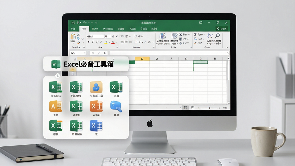 画面主体为电脑屏幕中打开的Excel界面,左侧功能区多出一列“Excel必备工具箱”专属标签,下方悬浮着整齐排列的快捷图标组,整体布局清晰分明,背景为浅灰色办公桌面,点缀笔记本和咖啡杯。排版采用居中构图,界面细节展示工具图标圆润精致,风格写实且干净明亮,高分辨率画质,无多余元素