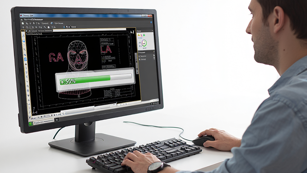 主体:用户正在电脑上操作Acme CAD Converter,屏幕显示转换进度条,键盘与鼠标清晰,布局:侧视角度,排版:简洁明了,风格:写实,细节:屏幕中显示CAD图纸和进度百分比,画质:高清,干净,无多余元素