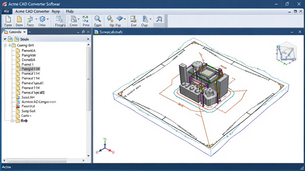 主体:Acme CAD Converter软件主界面,左侧为文件列表树,右侧为3D图纸预览窗口,顶部有工具栏和菜单栏,整体以深蓝色和浅灰色为主色调,布局:居中构图,界面元素完整展示,排版:清晰有序,功能图标按逻辑分组排列,风格:专业商务,细节:图纸线条清晰,色彩分明,画质:高清,干净,无多余元素