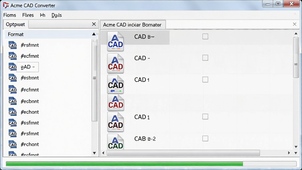 主体:Acme CAD Converter软件批量转换界面,右侧显示多个待处理的CAD文件列表,左侧为输出格式选项,底部有进度条,布局:左右分栏,排版:列表清晰,格式选项整齐,风格:简洁实用,细节:文件图标带CAD标志,进度条绿色,画质:高清,干净,无多余元素
