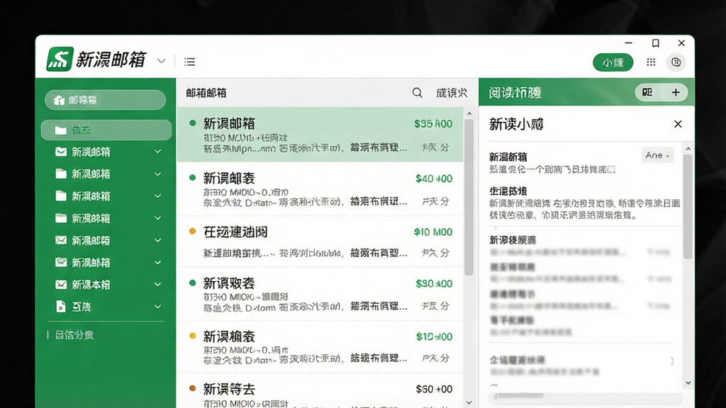 新浪邮箱主界面预览图,绿色与白色为主色调,左侧邮箱文件夹列表,中间邮件列表,右侧阅读窗格。界面设计简洁明快,现代感十足,高清渲染,干净无多余元素。
