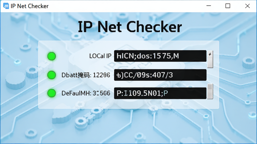 主界面展示IP Net Checker软件运行界面,界面中央显示本地IP地址、子网掩码和默认网关信息,状态指示灯为绿色,背景为简洁的浅蓝色科技风格,布局清晰,文字标注“IP Net Checker”字样,画质高清干净,无多余元素。