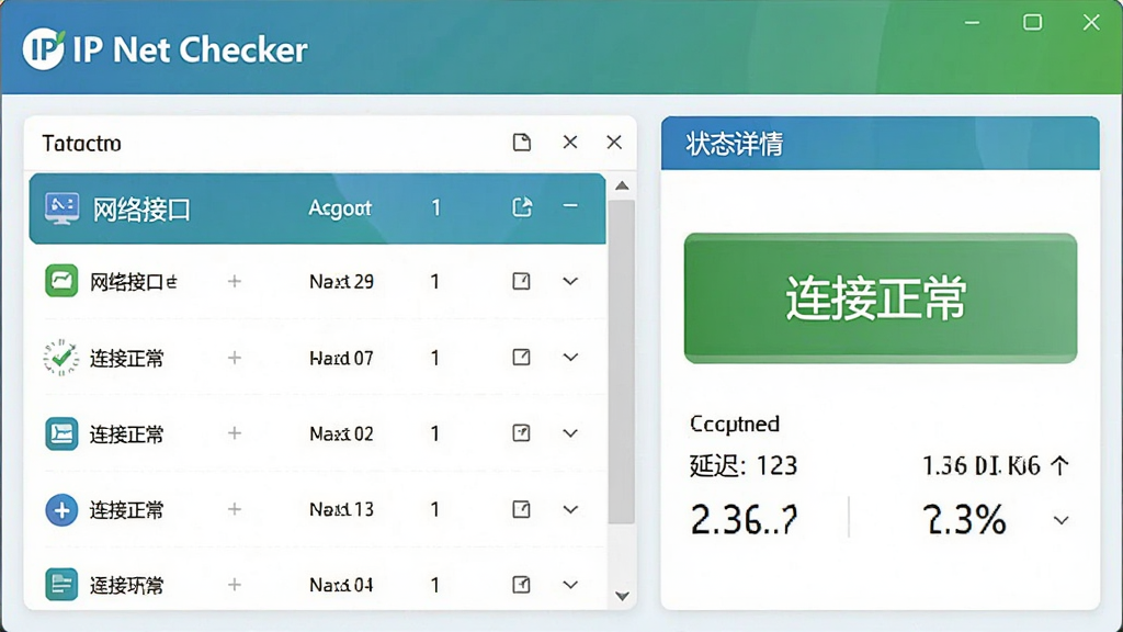 IP Net Checker软件截图预览,画面左侧显示网络接口列表,右侧为状态详情面板,包含“连接正常”的绿色文字提示和延迟数据,整体UI采用卡片式布局,色调清新,突出“IP Net Checker”品牌标识,画面干净整洁。