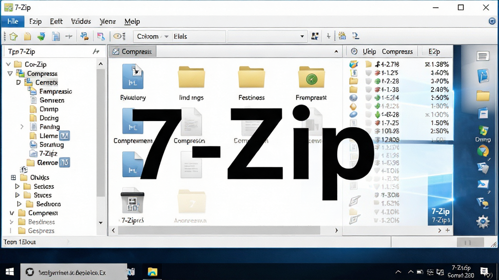 一张展示7-Zip软件在Windows桌面运行的截图,主体是简洁的软件主窗口界面,窗口内清晰列出多个压缩文件与文件夹图标,布局规整有序。排版采用经典的Windows资源管理器风格,左侧为文件目录树,右侧为详细文件列表,顶部为菜单栏与工具栏。风格为写实屏幕截图,细节上突出显示文件类型图标与压缩率信息,画质高清干净,无多余元素,图片中心区域带有醒目的软件名称“7-Zip”字样。