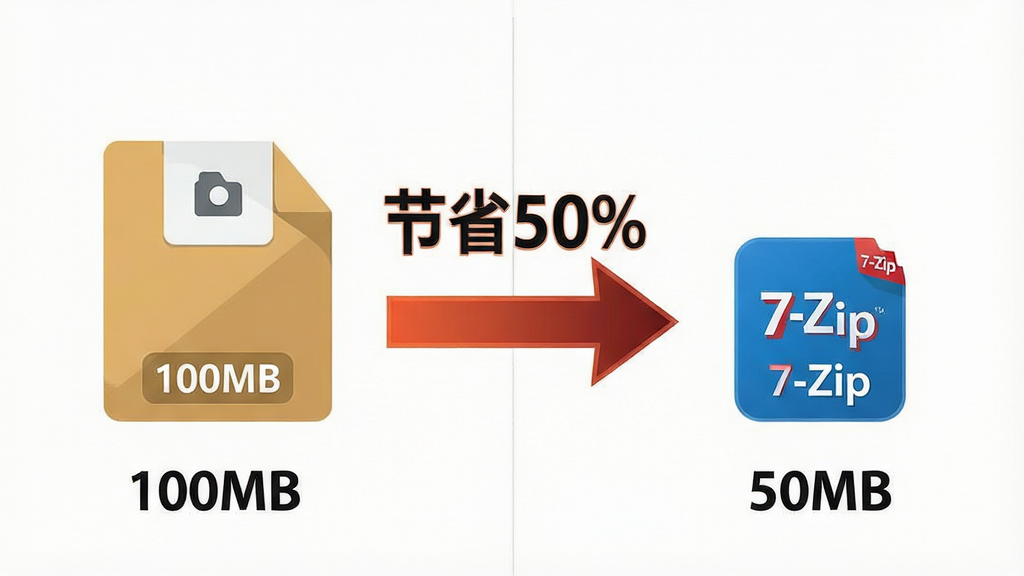 一张对比图示,主体左侧为普通ZIP格式压缩包的图标,体积标注为“100MB”,右侧为7-Zip压缩的7z格式图标,体积标注为“50MB”,二者之间用明显的“节省50%”文字与箭头连接。布局采用左右对称分割构图,风格为现代扁平化信息图,细节上强调7z图标更小且带有“7-Zip”徽标,背景干净整洁,画质清晰,无多余元素。