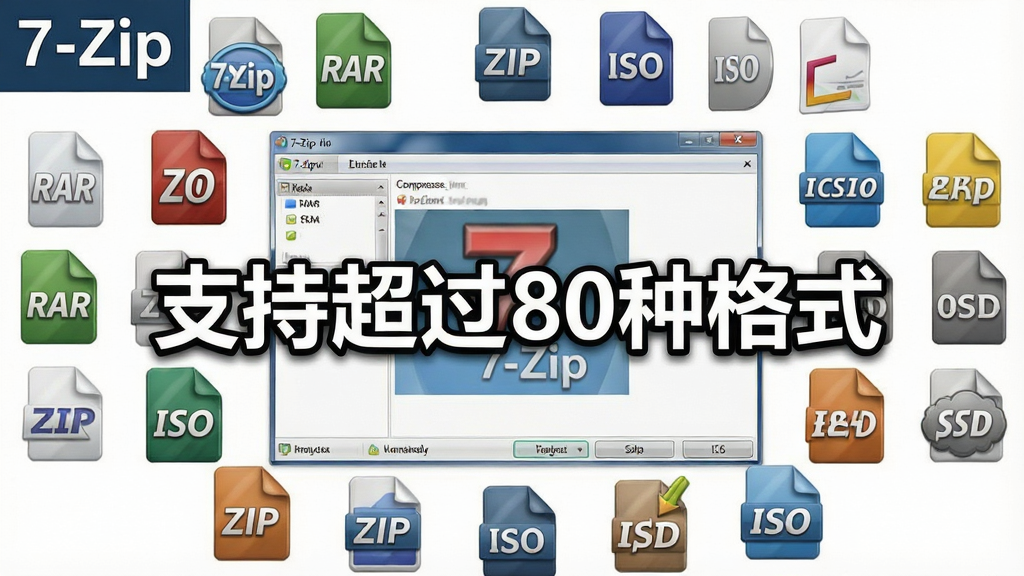 一张展示多种压缩文件格式图标环绕排列的图片,主体是7-Zip软件主界面,中央位置醒目地显示“支持超过80种格式”的文字。布局采用环绕式中心构图,风格为立体图标与界面结合,细节上包含RAR、ZIP、ISO等彩色格式徽标,画质清晰,干净无多余背景元素,图片左上角带有软件名称“7-Zip”标识。