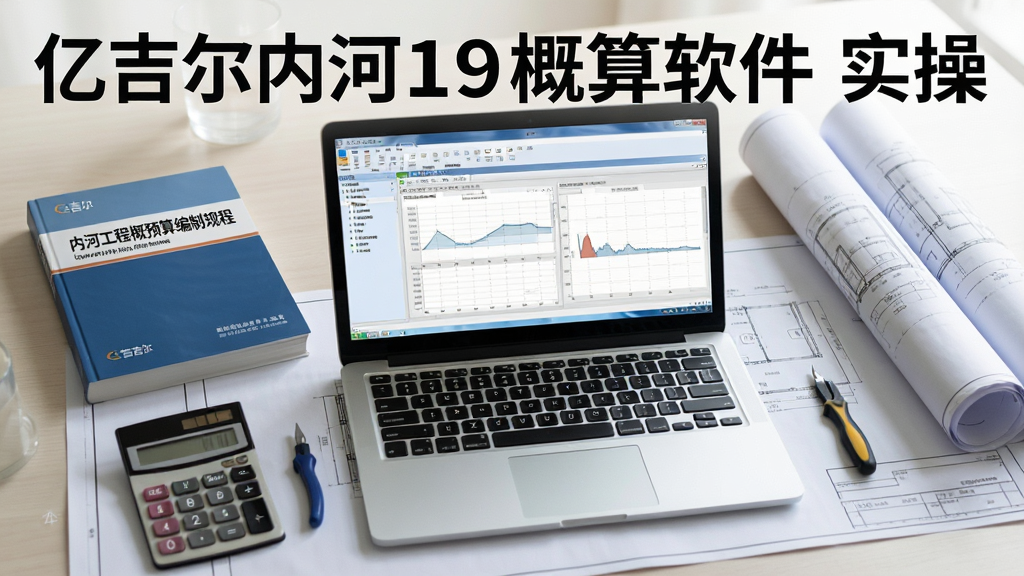 主体:一台笔记本电脑显示软件操作界面,旁边放着一本《内河工程概预算编制规程》书籍,桌面上有计算器和图纸。布局:俯视角度,电脑在中央,书籍与工具围绕摆放。排版:自然场景,光线柔和,焦点在屏幕上的软件界面。风格:写实办公场景,专业氛围。画质:高分辨率,细节清晰,干净无多余元素,文字标注“亿吉尔内河19概预算软件 实操”。