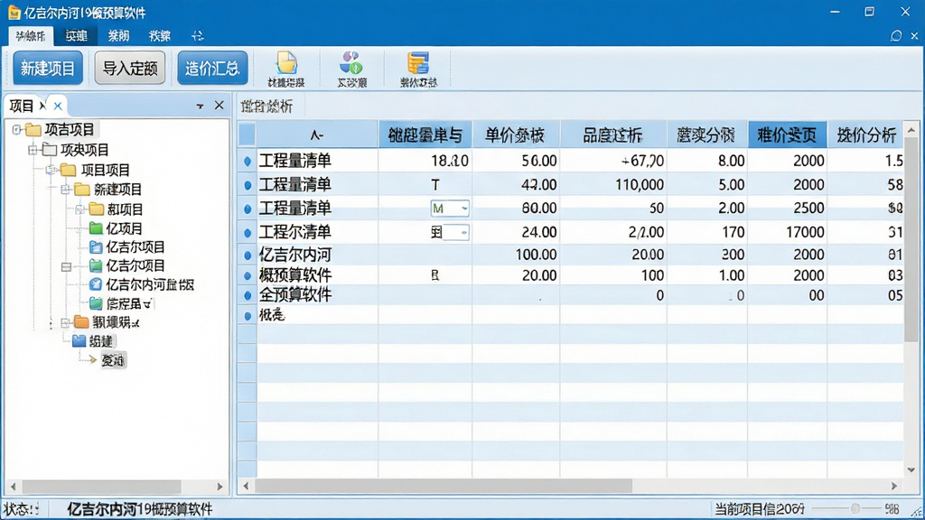 主体:软件主界面展示,左侧项目树状结构,右侧表格区域显示工程量清单与单价分析表,顶部工具栏包含“新建项目”“导入定额”“造价汇总”等按钮。布局:清晰的功能分区,上方为菜单栏与快捷操作图标,中间大面积表格,底部状态栏显示当前项目信息。排版:界面采用蓝白主色调,表格行高适中,列宽对齐,字体清晰。风格:专业商务风格,界面整洁明亮,细节圆润。画质:高分辨率,色彩真实,干净无多余元素,文字标注“亿吉尔内河19概预算软件”。