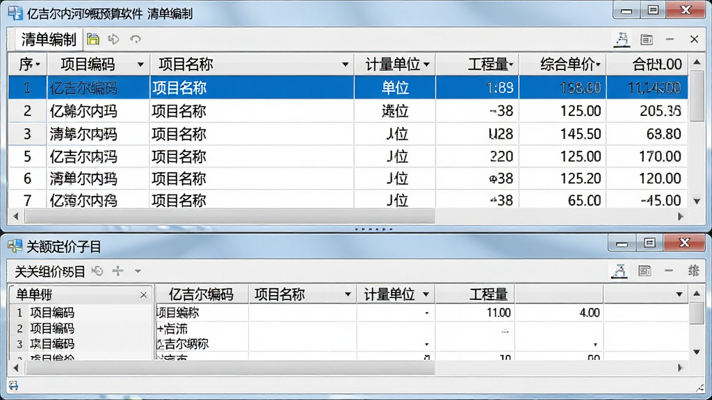主体:清单编制窗口,显示多条清单项,每行包含序号、项目编码、项目名称、计量单位、工程量、综合单价和合价。下方关联定额子目窗口。布局:上下分栏,上方清单列表,下方定额组价明细。排版:表格列宽自动适配,数据对齐美观。风格:清爽的Windows桌面软件风格,浅灰底色,蓝色高亮选中行。画质:高分辨率,清晰展示表格数据,文字标注“亿吉尔内河19概预算软件 清单编制”。