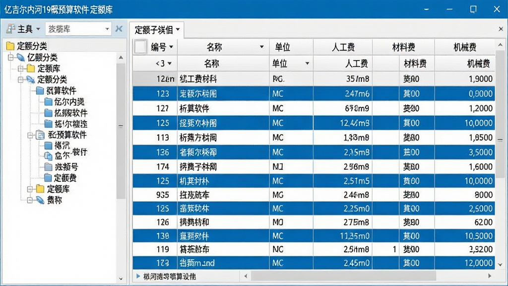 主体:定额库管理界面,左侧为定额分类树,右侧显示定额子目明细,包括编号、名称、单位、人工费、材料费、机械费。布局:左右分栏,左侧窄树状列表,右侧宽表格。排版:表格行间距适中,选中行高亮蓝色。风格:数据密集型界面,简洁专业,蓝白配色。画质:高清晰度,界面干净,无多余元素,文字标注“亿吉尔内河19概预算软件 定额库”。