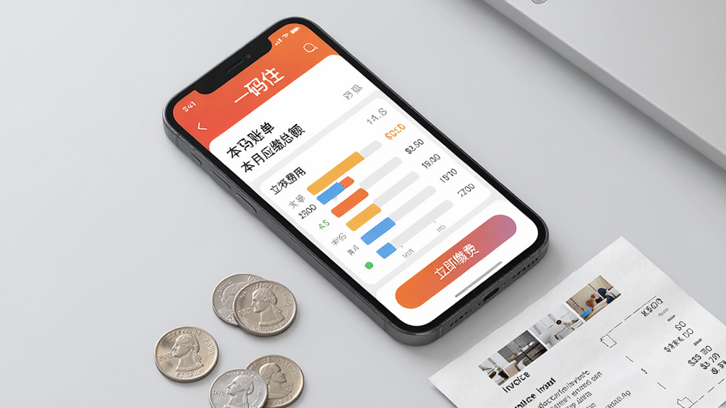 主体为手机应用内账单页面的高保真模型,页面顶部显示“一码住”品牌色,中部是本月应缴总额和各项费用条形图。手机下方摆放着几枚硬币和一张电子发票打印件。布局为俯拍视角,平铺在浅灰色桌面上。风格简洁,信息图表感强。细节上,手机屏幕内清晰展示费用项和“立即缴费”按钮。画质干净明亮,无多余元素。