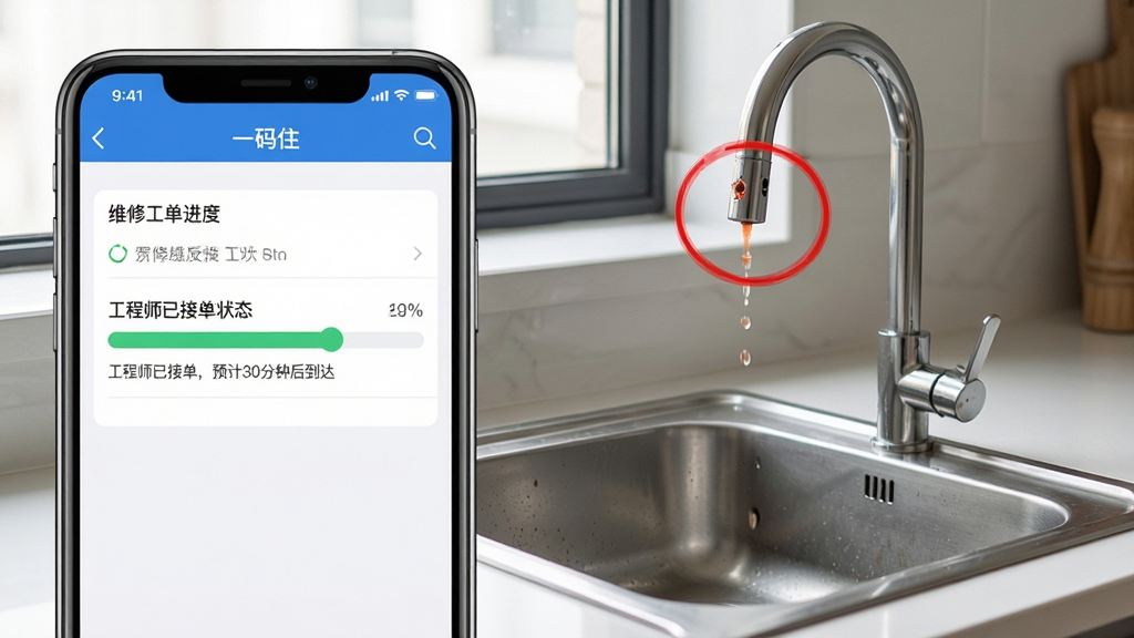 画面主体是手机屏幕截图,显示维修工单进度条,状态为“工程师已接单,预计30分钟后到达”。背景是整洁的厨房水槽,但水龙头处用红色圈出标出了故障点。布局为手机屏幕占据左边三分之一,右边是实际场景图。风格为清晰的功能演示风格,色彩自然。细节上,屏幕上有“一码住”导航栏。画质高清,干净,无多余元素。
