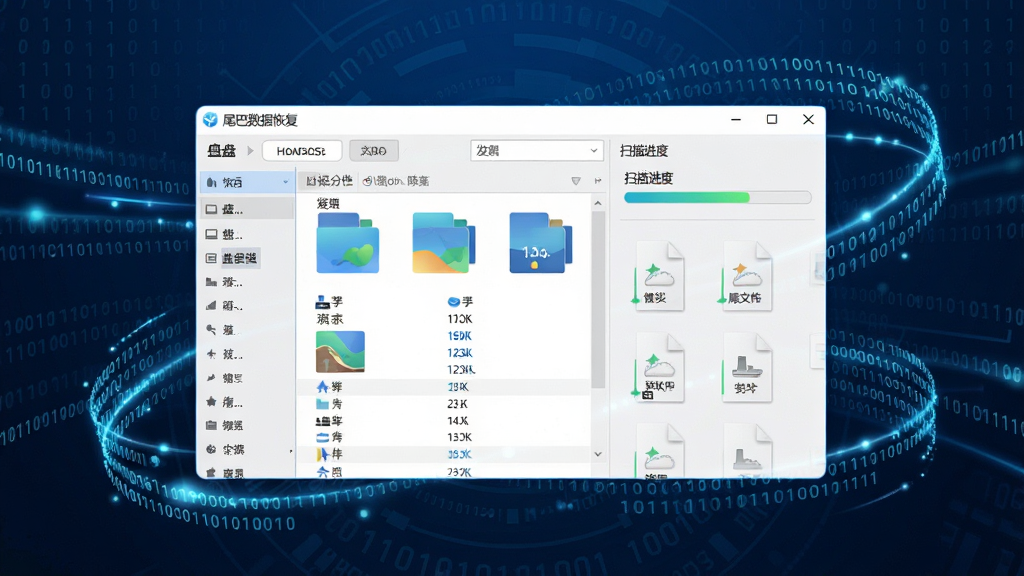 画面中央展示“尾巴数据恢复”软件主界面悬浮于深邃蓝色科技背景之上,左侧为磁盘分区列表,右侧显示扫描进度条与已发现文件缩略图,界面简洁明亮,四周环绕数据流动光效与二进制数字粒子,整体版式大气专业,细节丰富,画质干净高清,无多余元素
