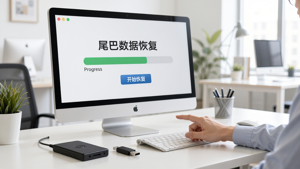 展示“尾巴数据恢复”使用场景,电脑屏幕显示恢复进度条,旁边放置着移动硬盘与U盘,桌面整洁,背景为明亮办公环境,人物手指正在点击“开始恢复”按钮,画面构图清晰,主体突出,光线柔和自然,画质干净细腻,无多余元素