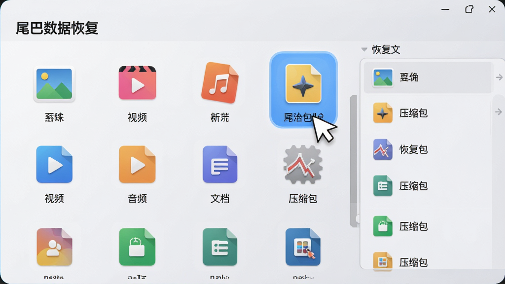俯视视角下“尾巴数据恢复”文件类型选择界面,网格状排列着图片、视频、音频、文档、压缩包等彩色图标,每个图标下方标注对应格式名称,高亮图标正被拖拽至右侧恢复列表,背景采用浅灰渐变工作台风格,排版整齐有序,视觉层次分明,画质干净明亮,无额外装饰