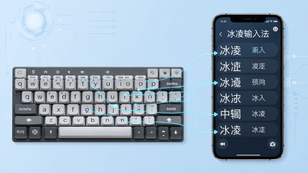 一幅展示智能拼音引擎工作的概念图,画面左侧是一个键盘,右侧是一个手机屏幕,屏幕上显示“冰凌输入法”的候选词列表,词语按使用频率智能排列,并用线条连接键盘与屏幕,表示输入过程,背景为淡蓝色科技风格,画质清晰,突出智能联想功能。