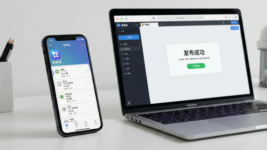 主体:智能手机与笔记本电脑并排摆放,屏幕中显示智媒者操作界面,手机端展示草稿列表,电脑端展示编辑器。布局:手机在左侧,电脑在右侧,背景为简洁工作台。排版:设备错落有致,画面平衡。风格:写实摄影风格,光线柔和。细节:手机屏幕上有“智媒者”图标,电脑屏幕显示“发布成功”提示。画质:超清,干净,无多余元素。