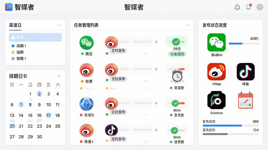主体:智媒者软件界面展示多平台分发管理面板,中央为任务列表,右侧为各平台标识图标(如微信、微博、抖音等)。布局:面板采用左右分栏设计,左侧为渠道选择与排期日历,右侧为发布状态进度条。排版:各平台图标以彩色圆形排列,状态不同颜色区分。风格:商务简洁风格,界面明亮。细节:有“分发成功”、“定时发布”等状态标签,顶部显示“智媒者”名称。画质:清晰,干净,无多余元素。