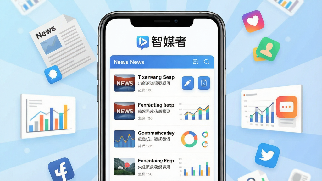 主体:智能手机屏幕显示智媒者应用主界面,界面风格简洁现代,上方有“智媒者”字样Logo。布局:手机居中,屏幕内容清晰可见,背景为淡蓝色渐变,周围有新闻稿、图表、社交平台图标等元素环绕。排版:手机位于视觉中心,背景元素呈放射状分布,突出软件核心功能。风格:扁平化设计,色彩明快,科技感强。细节:屏幕内展示新闻列表、编辑工具图标、数据统计图表,体现智能媒体管理。画质:高清渲染,干净,无多余元素。