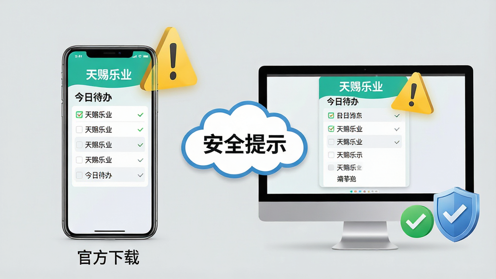 主体:一部手机与一台电脑并排摆放,屏幕上都显示天赐乐业的今日待办清单,背景有警示黄色的感叹号图标。布局:左右对称,手机在左,电脑在右,中间有“安全提示”云朵。排版:画面干净,设备屏幕内容清晰可见。风格:写实摄影风格,浅灰背景。细节:手机下方有“官方下载”字样,电脑旁有绿色对勾与盾牌图标。画质:高清明亮。