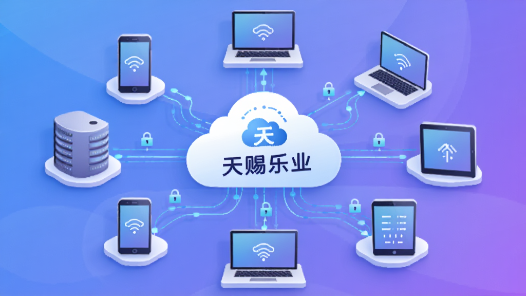 主体:云端服务器与多个设备图标连接,包括手机、笔记本、平板,中央显示“天赐乐业”Logo。布局:设备环绕云端排列,数据流动线条从设备指向云端。排版:圆形构图,中心为云朵图案,设备图标风格统一。风格:科技感插画,蓝紫色渐变背景。细节:数据线条上有小锁图标,象征安全加密。画质:高分辨率,色彩柔和。