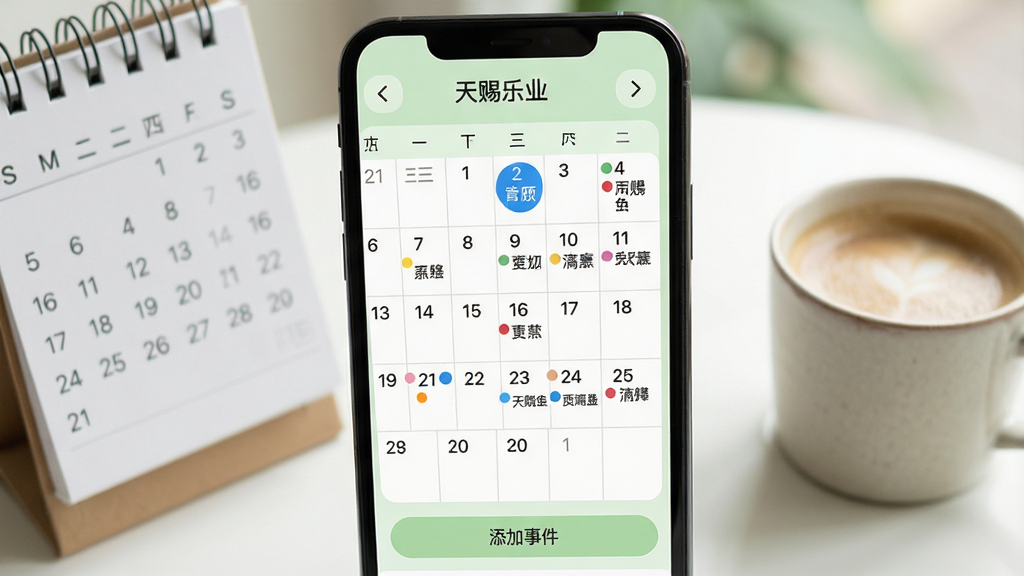 主体:手机屏幕显示天赐乐业的日历月视图,日期格中标记了不同颜色的圆点与事项名称。布局:顶部为月份切换箭头,中间为7列日期网格,底部有“添加事件”按钮。排版:日期数字清晰,当天日期有蓝色圆圈高亮。风格:简洁明亮,背景为浅绿色。细节:屏幕旁有一本台历与一杯咖啡作为装饰。画质:高清,柔和自然光。
