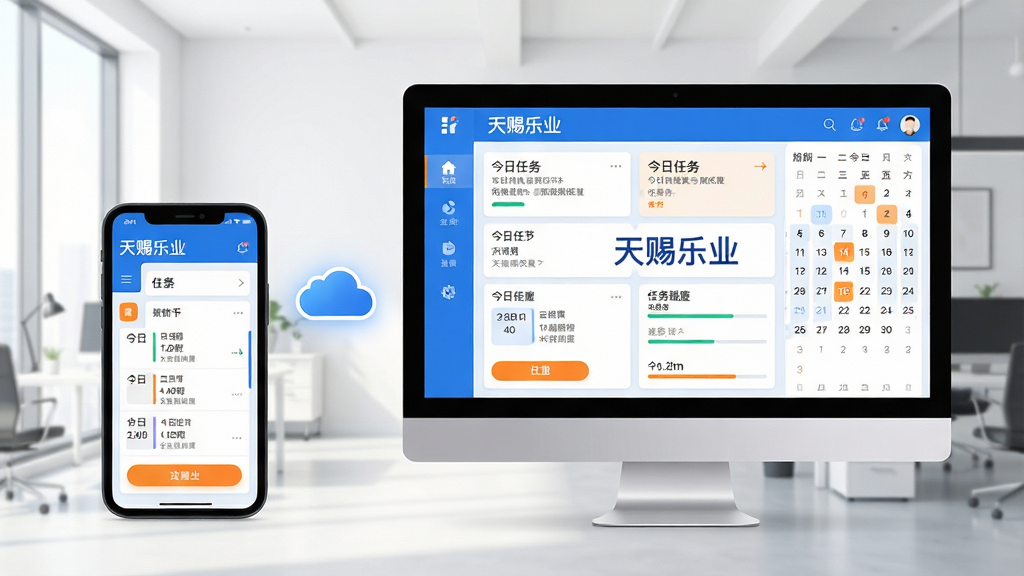 主体:天赐乐业APP在手机与电脑上同步显示的界面,界面包含清晰的日程列表与任务看板,背景是明亮简洁的现代办公室。布局:左侧为侧边栏功能图标,右侧为任务卡片与日历视图,中间有“天赐乐业”字样。排版:界面层次分明,重点突出今日任务与进度条。风格:扁平化设计,色彩以蓝白为主,搭配橙色高亮按钮。细节:手机与电脑屏幕通过云朵图标连接,象征数据同步,画面干净无多余元素。画质:高清渲染,通透自然。