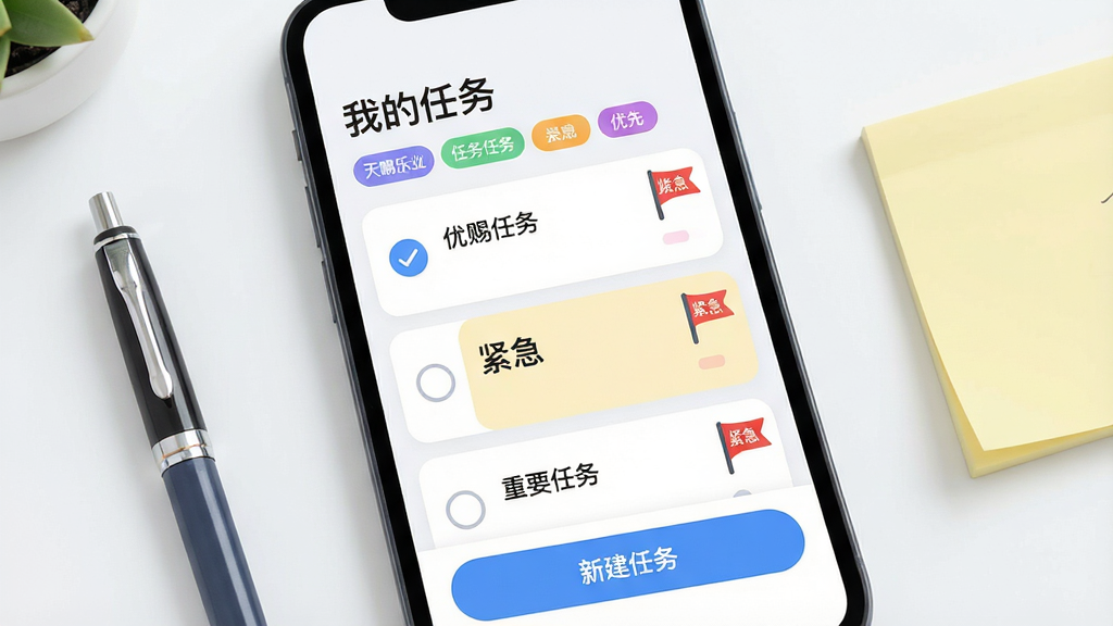 主体:智能手机屏幕显示天赐乐业的任务管理界面,顶部有“我的任务”标题,下方彩色标签分类。布局:任务列表纵向排列,每项任务左侧有圆形勾选框,右侧有优先级小红旗。排版:卡片式布局,重要任务背景为淡黄色,并标有“紧急”字样。风格:扁平化UI,图标圆润,整体色调清新。细节:屏幕下方有“新建任务”蓝色按钮,画面中还有一支笔与便签纸作装饰。画质:细腻清晰,干净整洁。