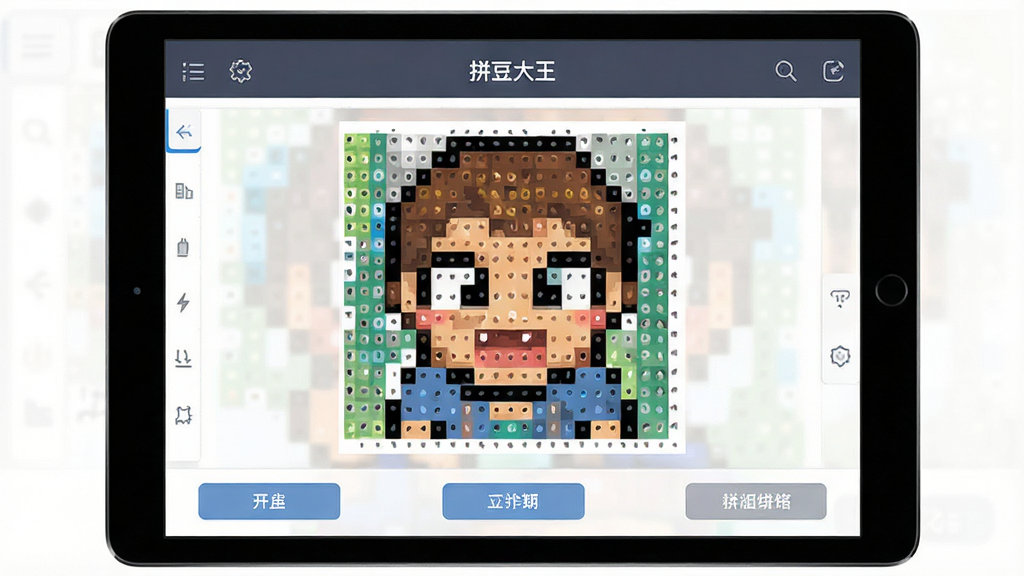 一张拼豆大王软件在平板电脑上运行的界面预览图,主体是软件主页面,布局上方为功能导航栏,中间展示一张色彩丰富的像素拼豆图纸示例,下方为操作按钮,风格简洁现代,细节清晰,画质干净,无多余元素,图片中显示“拼豆大王”文字。
