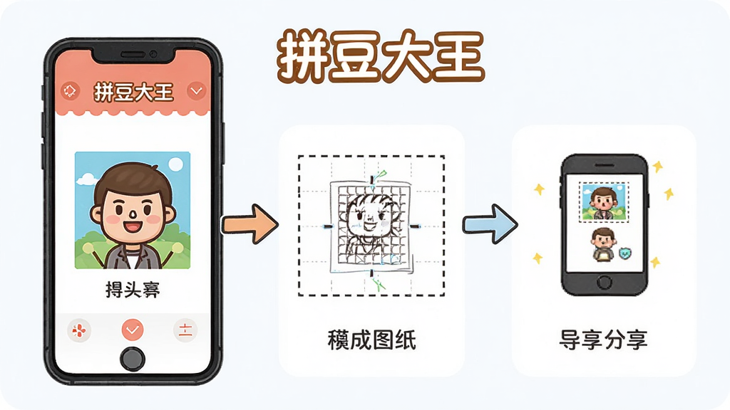 拼豆大王软件在手机上的使用步骤示意图,主体是手机屏幕,显示从图片导入到生成图纸再到导出分享的流程,布局采用分步指引,排版清晰,风格卡通,细节明了,画质干净,无多余元素,图片中显示“拼豆大王”文字。