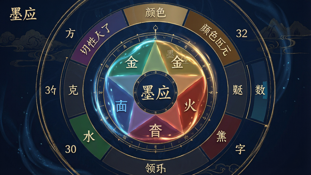 主体:一张展示“墨应”五行能量分析功能的截图,中央为五行罗盘图,金木水火土分别以不同颜色标注。布局:罗盘图位于中间,周围环绕着五行对应的属性建议,如方向、颜色、数字等。排版:信息以环形围绕中心分布,采用深蓝色背景搭配金色线条,极具神秘感。风格:古风与现代数据可视化结合,色调华丽而沉稳。细节:罗盘上“墨应”二字隐约显现,每个五行区域有动态的流光效果,界面无冗余图标。画质:超高清,纹理细腻,干净无多余元素。